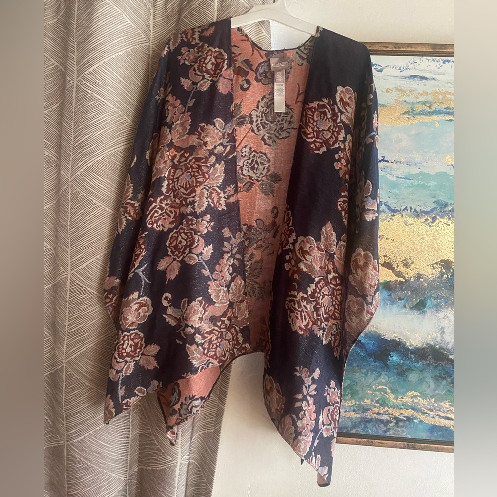 Chico's Floral Open-Front Poncho in Black and Rose